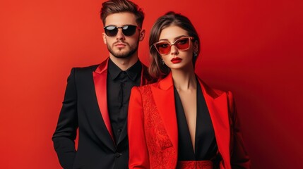 red hot couple in stylish suits and sunglasses