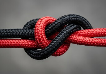 A close-up of two intertwined ropes, one red and one black, tied in a secure knot, symbolizing strength, unity, and partnership on a neutral background