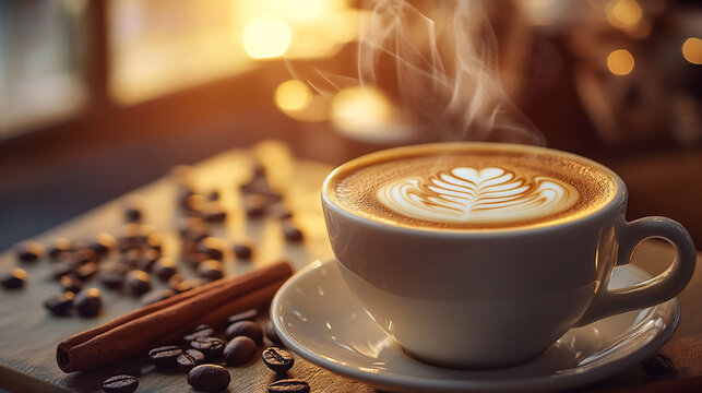 A steaming cup of cappuccino with delicate latte art