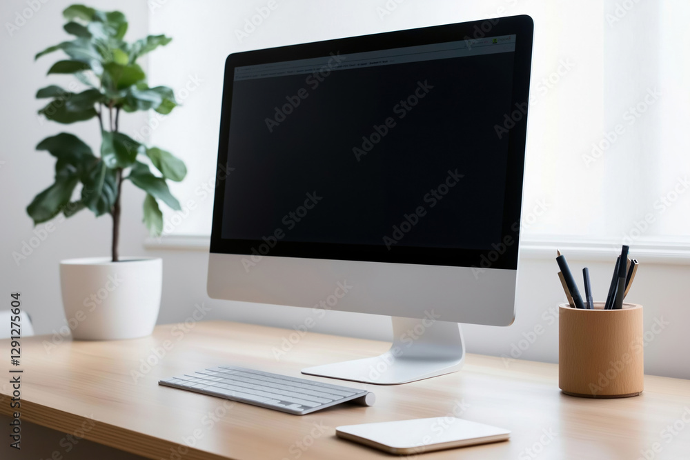 Poster modern workspace featuring sleek desktop computer and desk plants in bright environment