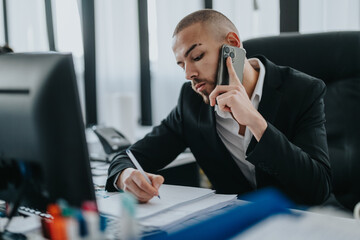 A professional businessman working on tasks while speaking on the phone, showing multitasking and...