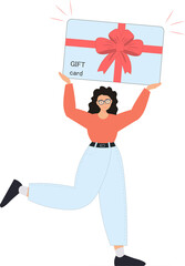 Happy woman holding gift card, receiving present, shopping concept