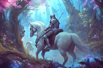 Naklejka premium Illustration of a brave knight riding a white steed through a lush, enchanted forest. The knight wears shining armor, holding a sword, ready for adventure. The background is filled with mystical
