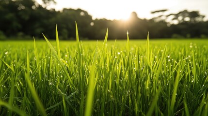 Obraz premium A green rice paddy field, demonstrating sustainable wetland farming practices.