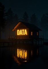 Fototapeta premium A house labeled data on a binary water lake symbolizes a data lakehouse.