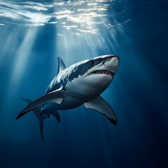Fototapeta premium Majestic great white shark swimming gracefully in the clear blue ocean waters