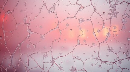 Fototapeta premium A frosty winter texture with icy cracks and snowflakes embedded in glass, volumetric lighting, visible light beams through fog