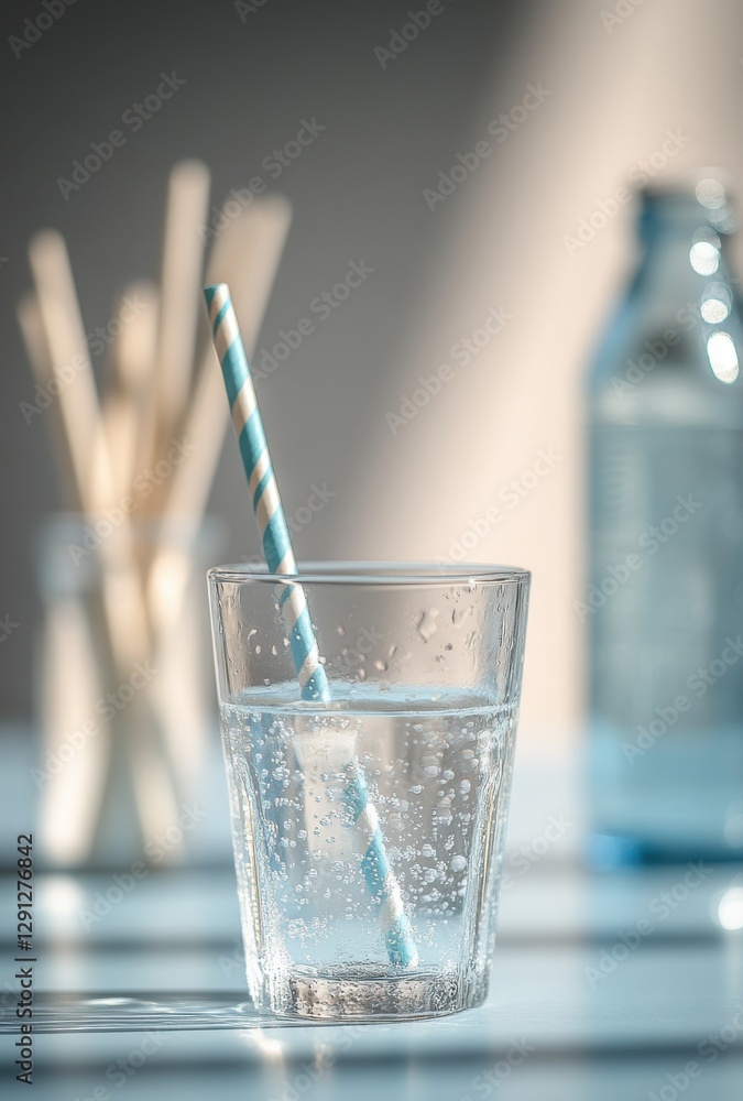 Poster refreshing glass of sparkling water with a striped straw, soft natural light, and blurred background