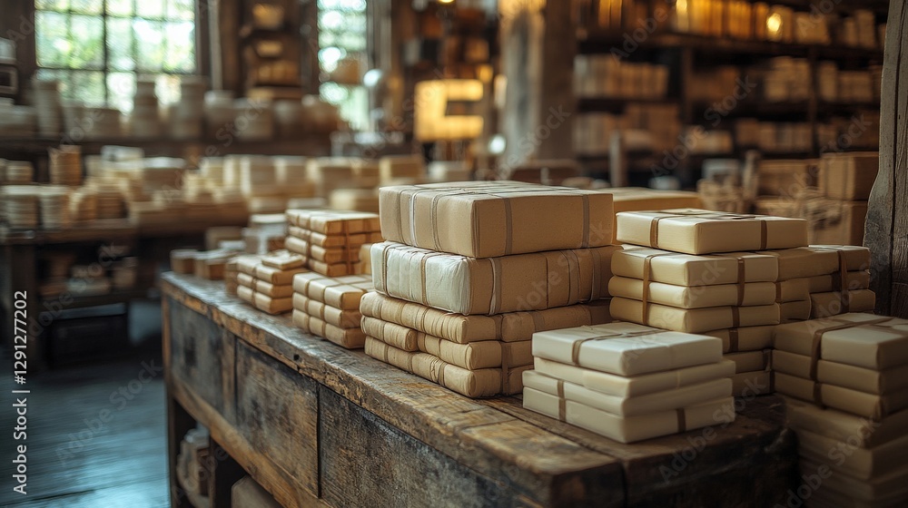 Poster a rustic soap workshop filled with neatly stacked soap bars, showcasing craftsmanship and warmth