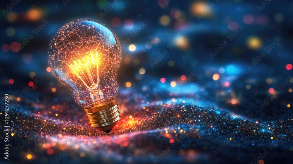 Poster a lightbulb blending into a network of colorful dots, representing the connection between bright ide