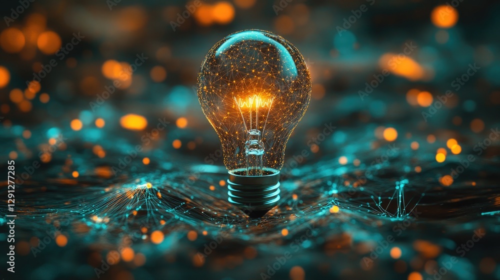 Poster a lightbulb blending into a network of colorful dots, representing the connection between bright ide