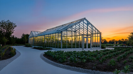 Obraz premium Greenhouse for plants and vegetables at sunset, panoramic golden hour view