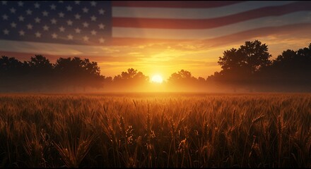 Wheat field at sunrise under an american flag backdrop