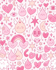 seamless pattern with drops with wings, doodle style kawaii, illustration with funny characters