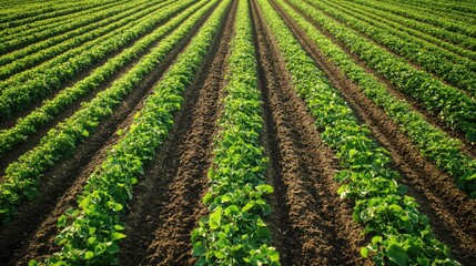 Obraz premium A lush green agricultural field with organic manure spread evenly between rows of crops.