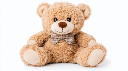 Adorable Light Brown Teddy Bear with Bow Tie on White Background