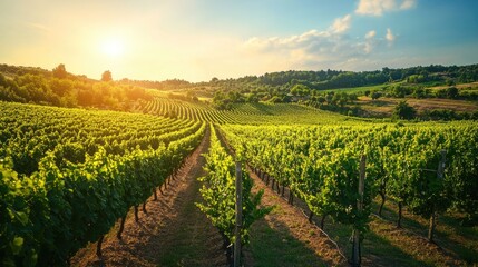 Naklejka premium A lush vineyard with neatly aligned grapevines stretching toward the horizon, bright green leaves glistening under golden sunlight.