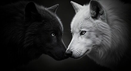 A black wolf and a white wolf facing each other