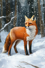 Fototapeta premium Illustration of a curious red fox standing in a snowy forest, its bright orange fur contrasting beautifully against the white snow. The fox's sharp eyes and playful stance make it look both