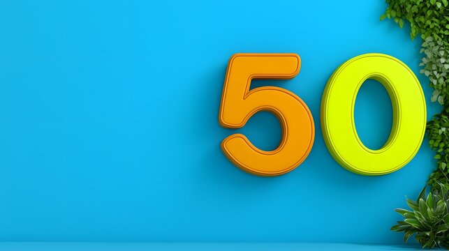 Bright Orange and Yellow Number 50 on Blue Background with Green Foliage