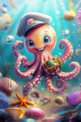 Illustration of a cheerful octopus wearing a tiny sailor hat, playing with colorful seashells underwater. Its eight tentacles are holding different objects, including a tiny treasure chest, a starfish