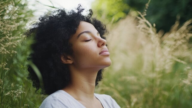 Hypertension patient engaging in mindful breathing outdoors. Featuring stress relief and mindfulness