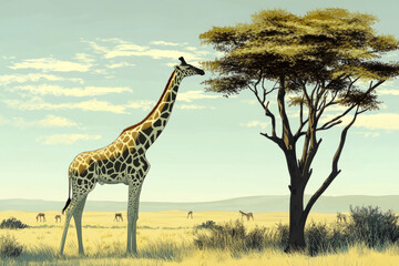 Fototapeta premium Illustration of a graceful giraffe standing tall in the African savannah, its long neck stretching up to nibble on the leaves of a tall tree. The peaceful scene captures the elegance and beauty of the