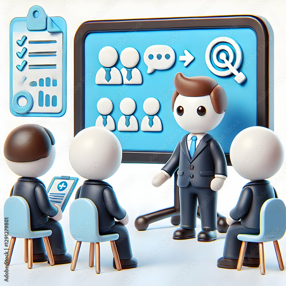 Poster 3d interview and presentation and evaluation concept as candidate delivering a presentation during a