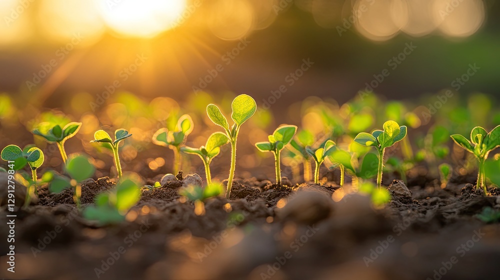 Poster a peanut field with new sprouts emerging in neat rows, illuminated by golden sunlight.