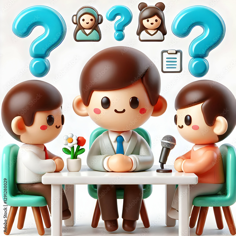 Poster 3d interview and questions and communication concept as candidate demonstrating strong communication