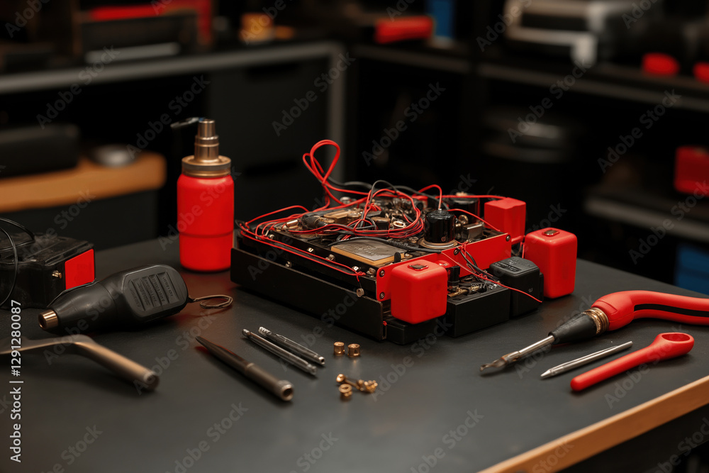 Aufkleber working on electronic repair with tools and components in a workshop setting