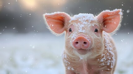 Joyful piglet enjoying a snowy landscape with delicate snowflakes falling around, creating a charming winter atmosphere