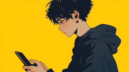 Dark-haired young man focused on smartphone