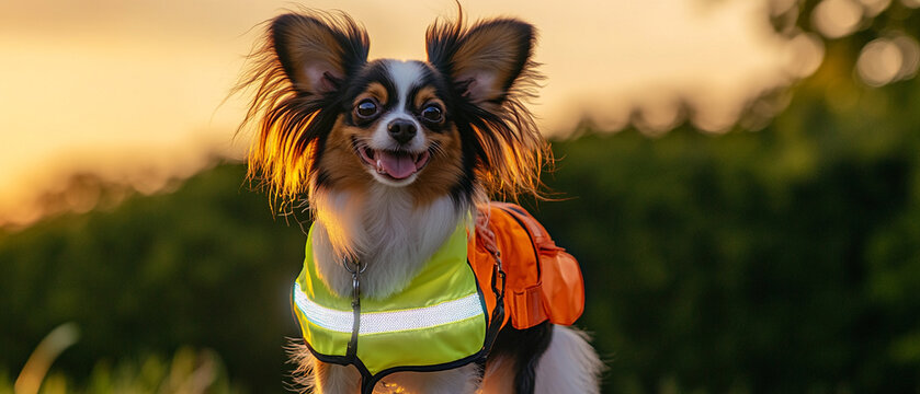 Dog Wearing Bright Reflective Safety Vest for Outdoor Adventures Ensuring Visibility and Safety During Daytime and Nighttime Walks in Parks and Urban Environments