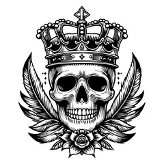 Obraz premium Skull wear crown sketch engraving black and white outline. Scratch board imitation.