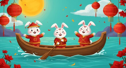 Three cute rabbits celebrate the year in a small boat