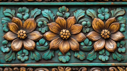 Intricate Wooden Floral Carving: Teal & Gold Hues
