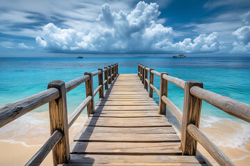 Tropical Wooden Pier Extending into Turquoise Ocean &ndash; Scenic Beach Paradise with Blue Sky perfect for travel, vacation destinations, relaxation, and beach paradise themes.