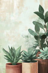 Illustration of a beautiful potted succulent arrangement with various shades of green, from deep jade to pale mint. The delicate texture of the leaves contrasts against the earthy tones of the pots,