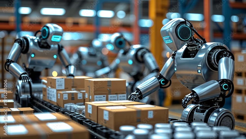 Poster robots sorting packages in an automated warehouse during daytime operations