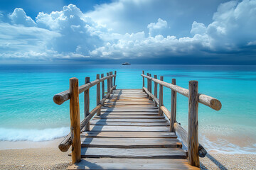 Obraz premium Tropical Wooden Pier Extending into Turquoise Ocean – Scenic Beach Paradise with Blue Sky perfect for travel, vacation destinations, relaxation, and beach paradise themes.