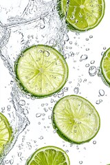  Fresh lime slices floating in sparkling water with bubbles on a white background, refreshing citrus beverage concept