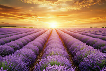 Obraz premium Illustration of a breathtaking lavender field stretching endlessly under a golden sunset sky. The rows of purple flowers create a mesmerizing pattern, while a gentle breeze sways the blossoms,