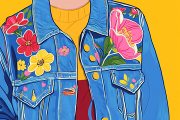 Illustration of a casual chic outfit featuring a denim jacket with floral embroidery. The floral design adds a feminine touch to the rugged denim, creating a perfect combination of style and comfort.