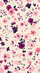 Design an elegant pattern featuring small, colorful flowers in shades of pink and purple on a cream background
