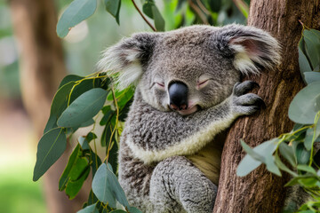 Obraz premium A sleepy koala hugging a tree branch, its soft fur blending into the eucalyptus leaves. The peaceful expression on its face captures a sense of calm and serenity.