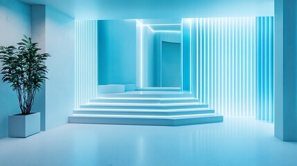 Obraz premium A modern architectural interior features stairs and decorative accent lighting