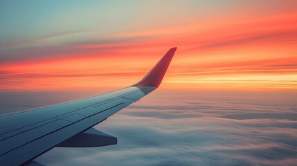 Fototapeta premium A side view of an airplane wing in motion, with the open sky and distant horizon representing the vast journey of international flights.