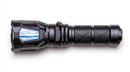 Black Tactical Flashlight on White Background