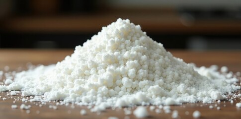 Dense sugar pile with granules spilling outwards, sugar, table top, kitchen